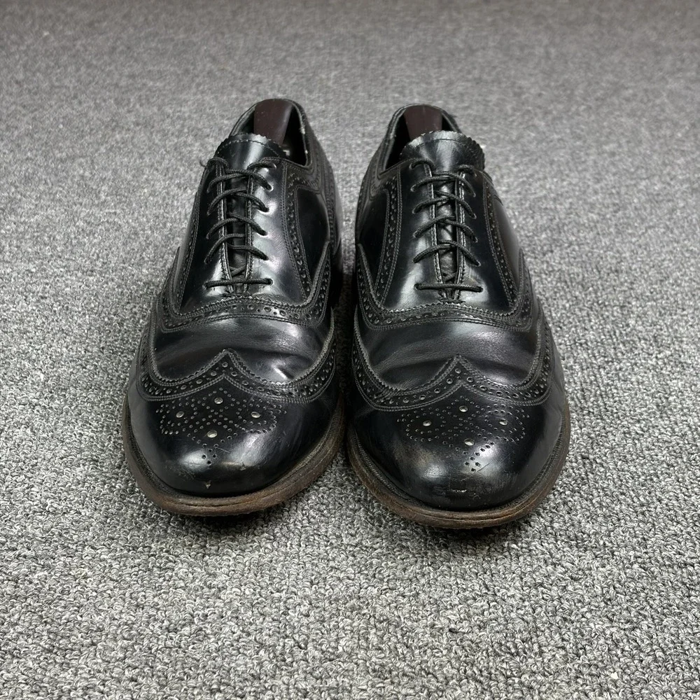Vintage Florsheim Black Leather Full Brogue Wingtip Oxford Shoe Mens 9.5 C 20330